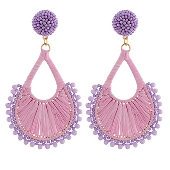 Beaded Teardrop Raffia Drop Earrings - Picture 1 of 2